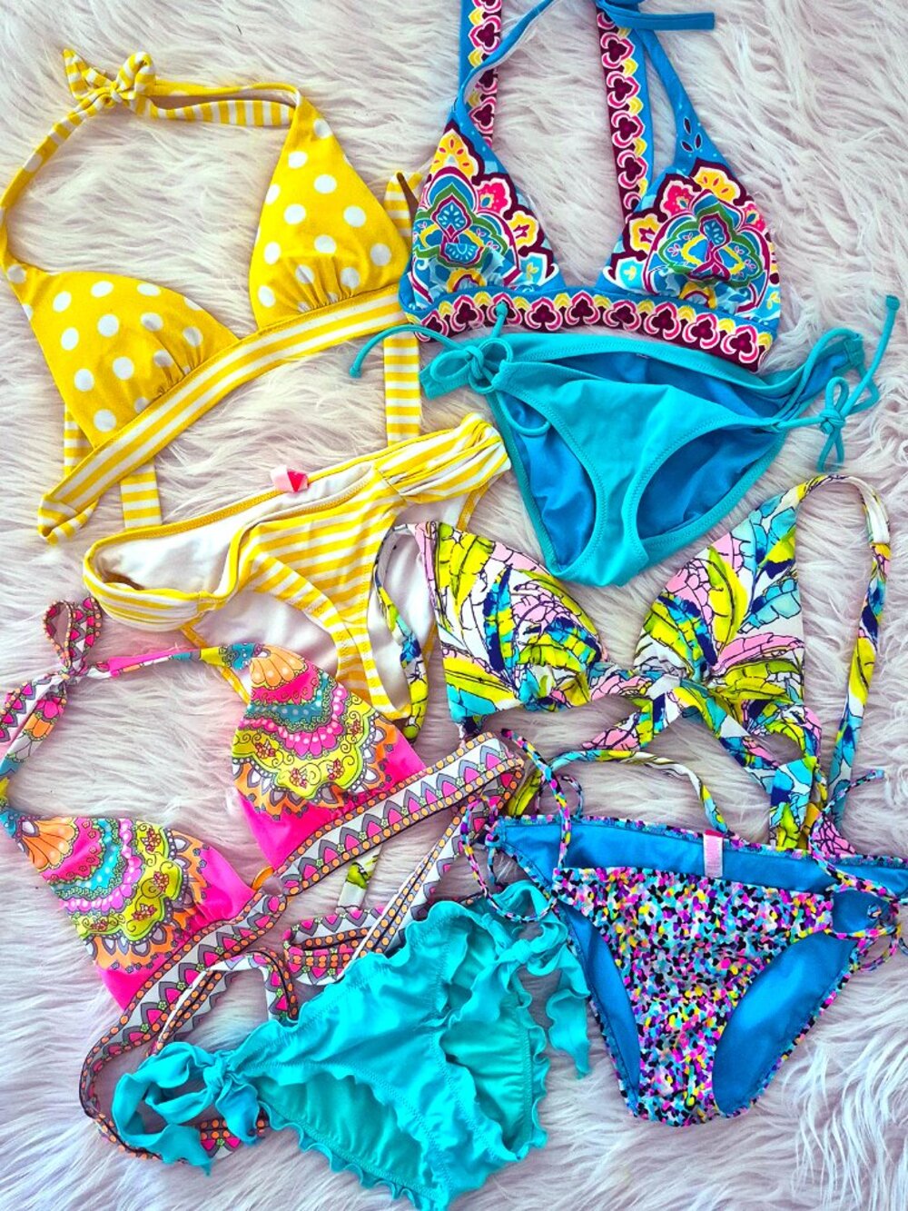Bathing Suit Bundle 4 Full Bikinis ~ 8 pieces Polka Dot STRIPE Boho Mix & Match